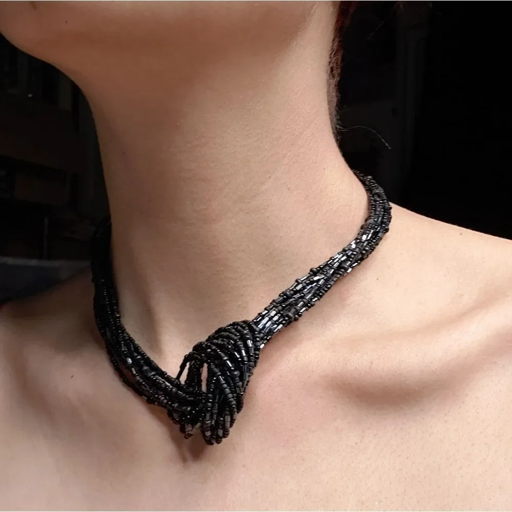 Knotted Multistrand Black Beaded Necklace